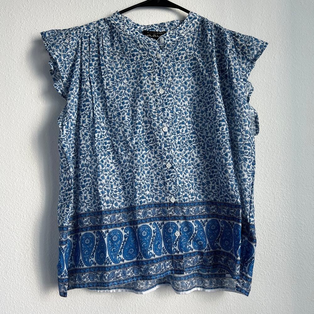 J Crew Flutter Sleeve Button Up Shirt In Bandana Block Print XS Blue Sheer